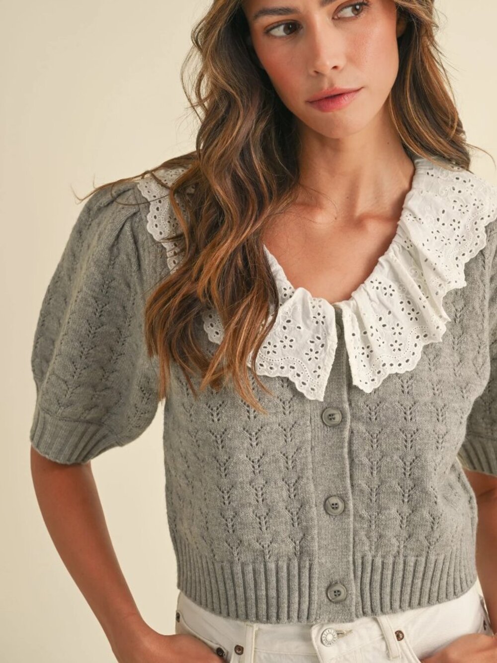 Mable Lace Crochet Collar Pointelle Knit Cardigan in Gray